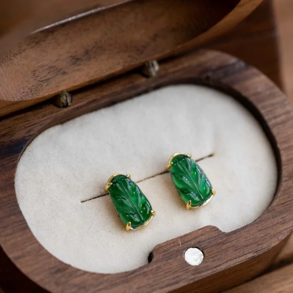 "Verdant Glow" Green Leaf Type A Jadeite Earrings