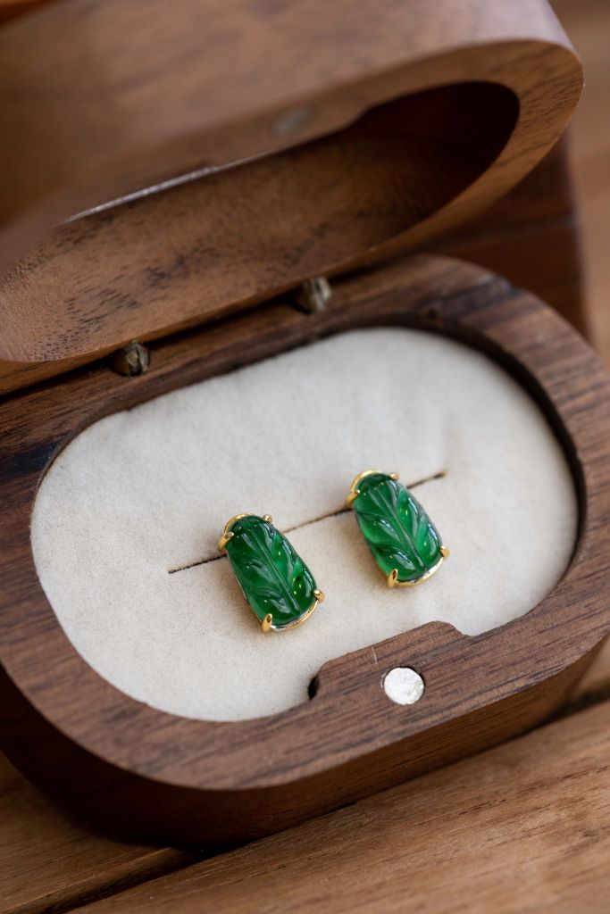 "Verdant Glow" Green Leaf Type A Jadeite Earrings