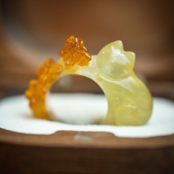 Whimsical Yellow Serpentine Jade Cat Ring